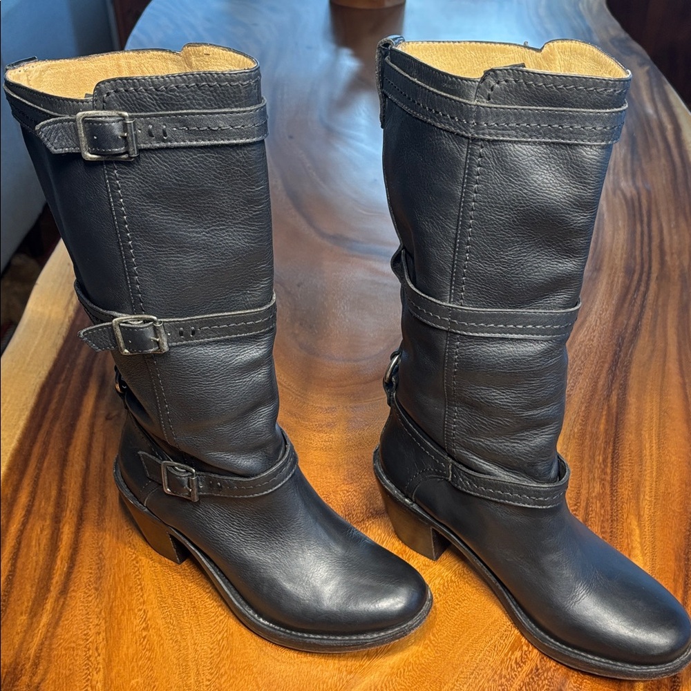 Frye Black Leather Mid-Calf Heeled Buckle Boots